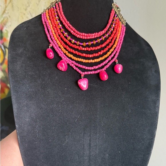 Multi strand Beaded Glass Acrylic Statement Necklace Boho Pre Owned - Picture 2 of 8